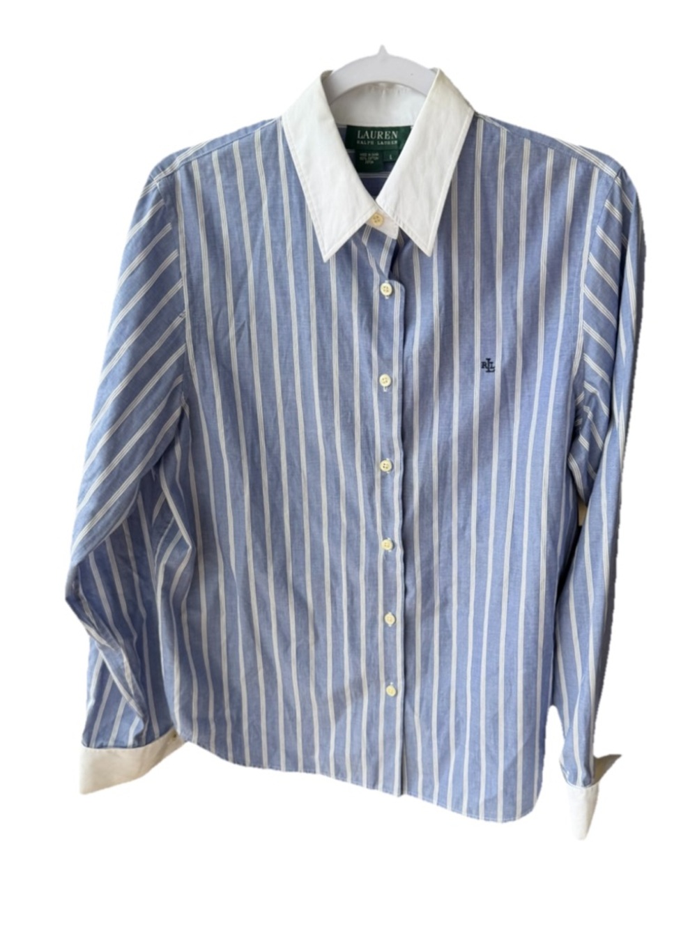 Lauren Ralph Lauren button down Shirt Blue Pin Stripe White Cuff Women Sz L 90s